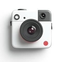 White compact camera with large lens, isolated on white background.