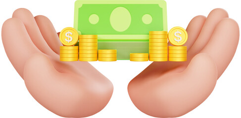 동전지폐 3D 렌더링 손 제스처 그림