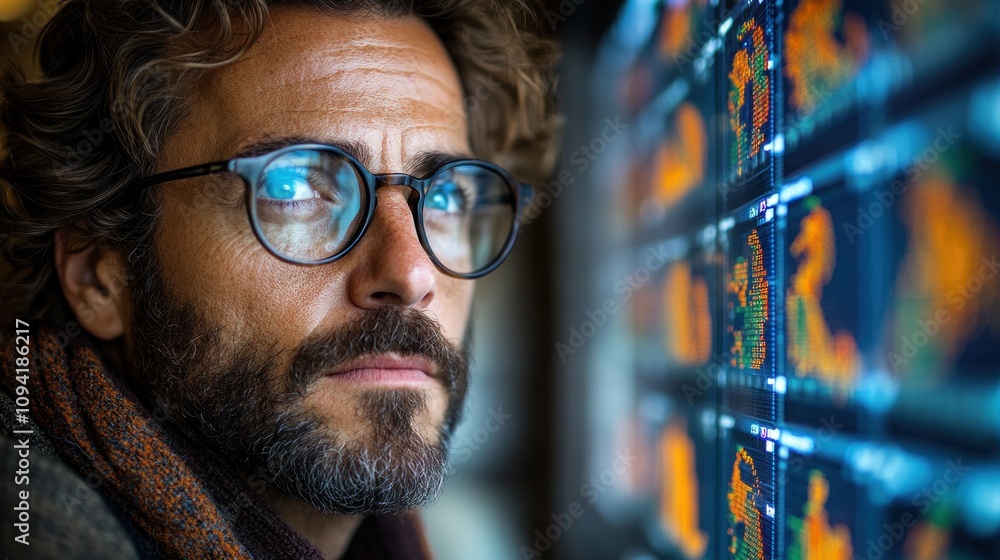 Aufkleber man looking at screen with data