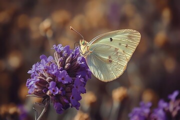 Naklejka premium butterfly on purple flower in garden sunlight