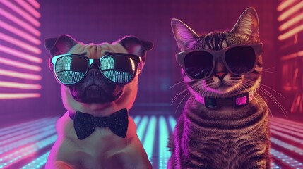 A stylish pug and a fashionable cat wearing sunglasses pose together in a vibrant, colorful setting, exuding a fun, playful vibe.