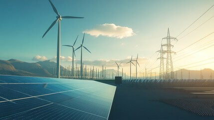 Wind turbines, solar panels, and power lines in a renewable energy landscape during sunset.