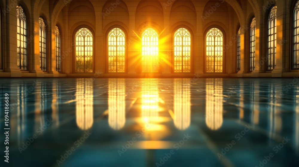 Poster sunlight streaming through arched windows in a grand hall with a reflecting pool.