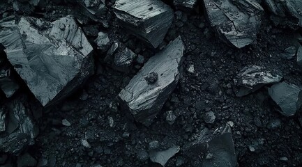 Fototapeta premium A top-down view of black coal, a natural material used for heat and energy production.