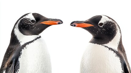 Obraz premium Two Adorable Gentoo Penguins Facing Each Other with Charming Expressions Against a Clean White Background for Nature and Wildlife Photography