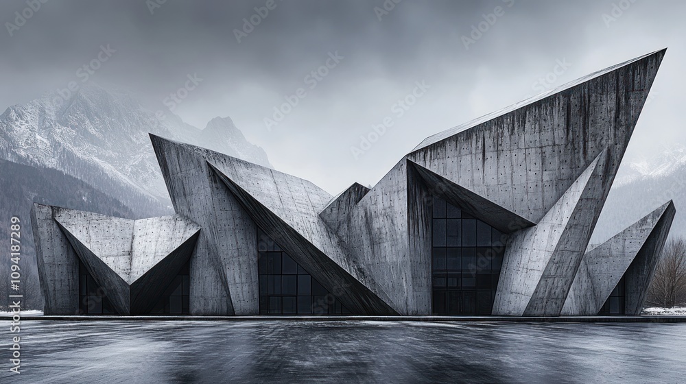 Poster A striking modern architectural structure with angular concrete forms set against a dramatic landscape.