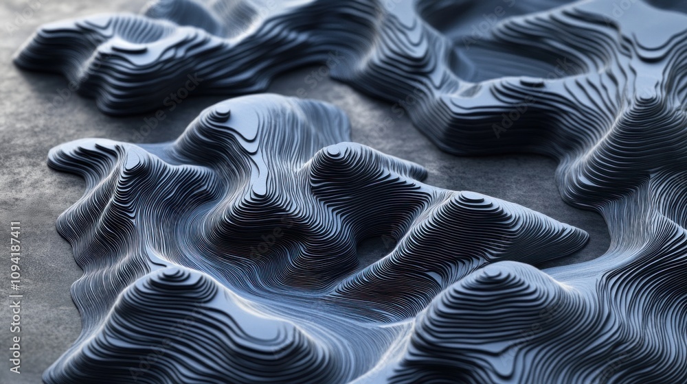 Poster abstract 3d rendering of layered, undulating mountainscape in dark blue.