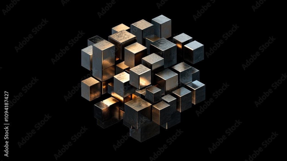 Poster abstract 3d rendering of metallic cubes forming a complex structure against a black background.