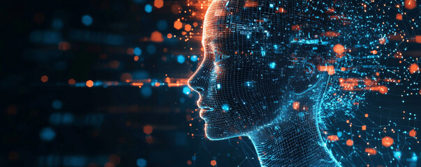 AI driven financial advisory services platform showcasing digital human silhouette with glowing data points, representing innovation and technology in finance