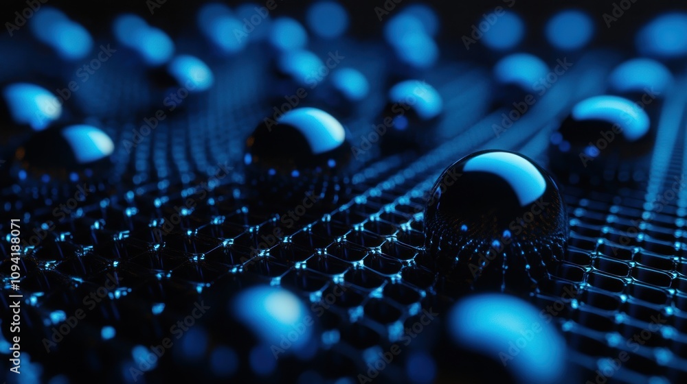 Poster abstract 3d rendering of reflective spheres on a grid.