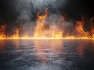 Dark background with large flames and fog in the center of an ice rink
