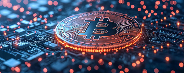 Obraz premium Digital currency concept featuring Bitcoin symbol on circuit board, illuminated by glowing lights, representing future of finance and technology