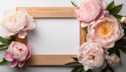 Pastel wooden frame decorated with peonies flowers, space for text