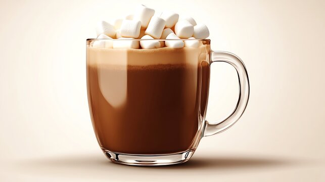 A mug of hot chocolate topped with marshmallows, with a light brown background.