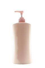 Sleek peach-colored bottle with a pump, ideal for lotions or soaps. This versatile container combines functionality with an attractive design, making it suitable for personal care products.