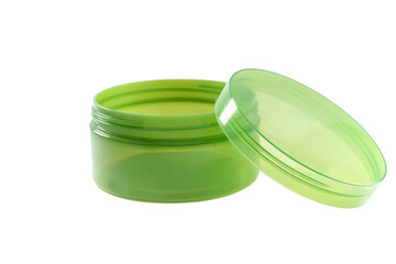 Empty translucent green jar with lid, ideal for beauty product packaging.