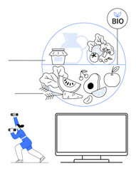 Health-conscious person in blue actively searches for knowledge about organic food near a TV. Ideal for healthy living, nutrition, organic food, lifestyle, wellness, dietary education, nature. Line