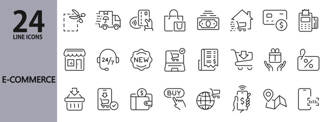 E-Commerce line icons set with Shop, Commerce, Basket, Discount, Gift, Cart, Buy, Delivery, Money, Payment and more. Editable Stroke