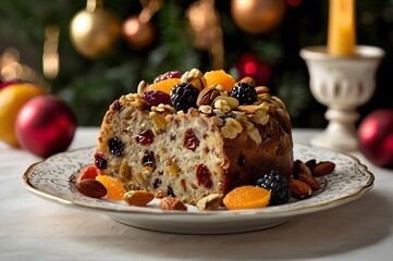 A slice of fruitcake with dried fruits and nuts on a festive holiday background