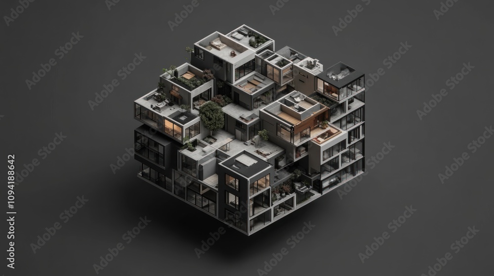 Poster abstract architectural model of a complex building, resembling a cube with interconnected apartments