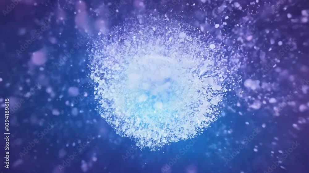Poster camera rotates around icy particles exploding outwards, creating a blizzard of swirling snow and ice in cool blues and purples