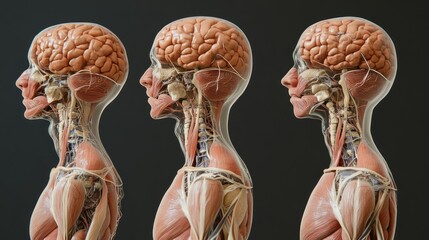 Anatomical illustration showing human brains and nervous systems in profile view.