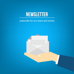 Newsletter. vector illustration of email marketing. subscription to newsletter, news, offers, promotions. a letter and envelope. subscribe, submit. send by mail.	