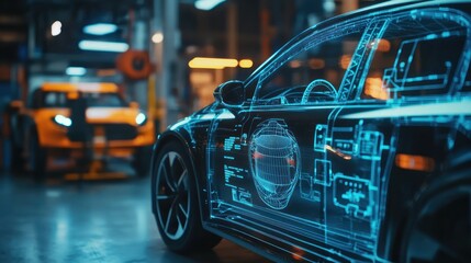 Fototapeta premium A futuristic car design with a holographic display in a workshop setting.