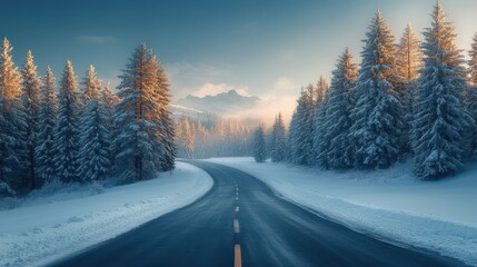 Obraz premium Aerial View of a Winding Road Through a Snow-Covered Winter Forest