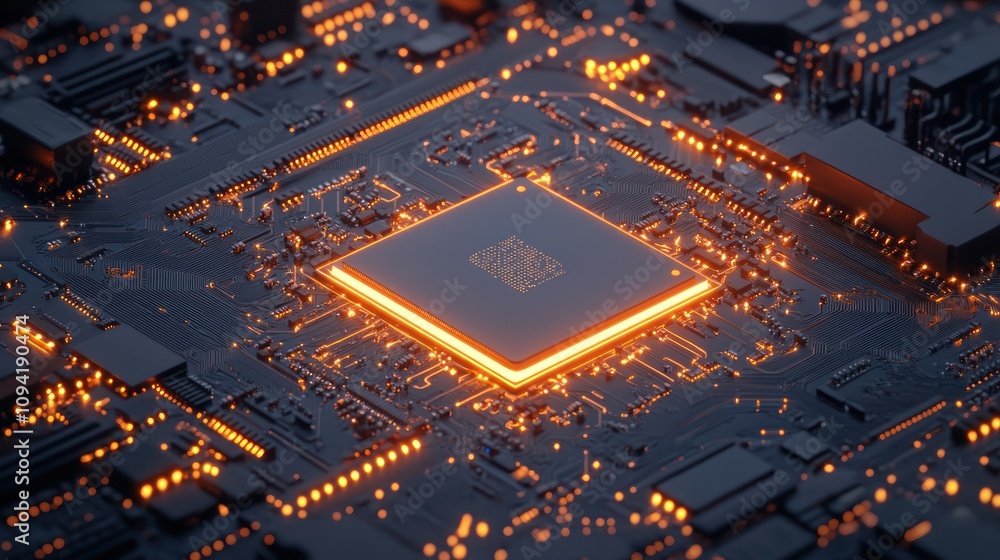 Poster a close-up view of a glowing microprocessor on a circuit board, showcasing technology design.