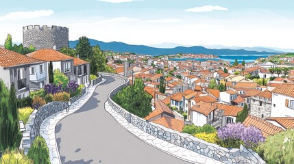 Naklejka premium A picturesque view of a coastal town with a winding road and traditional architecture.