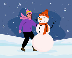 Girl making a snowman, vector illustration. Flat cartoon design.
