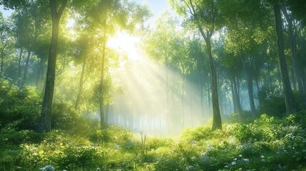 Obraz premium forest at sunrise, rays of sunlight breaking through tall trees, peaceful 
