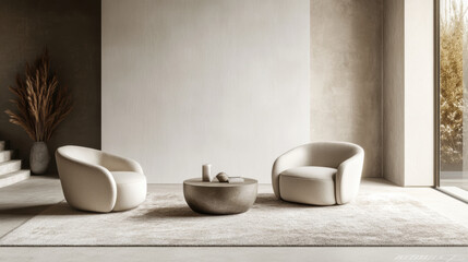 Fototapeta premium Elegant minimalist space with two armchairs, coffee table, and soft carpet
