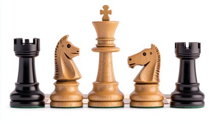 A chess set featuring a king, rooks, and knights, highlighting the strategy and elegance of the game.