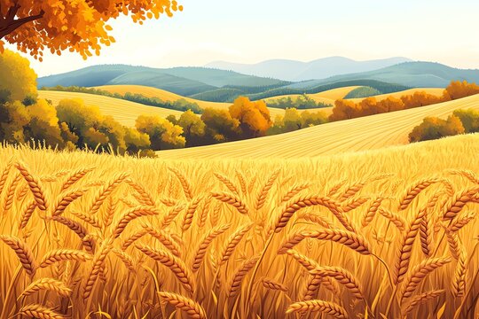 A picturesque view of a golden wheat field with rolling hills and a tree in the foreground.