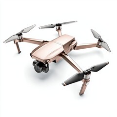 A sleek, modern drone with four propellers, designed for aerial photography and videography, showcasing a metallic rose-gold finish.