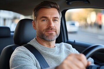 Focused middle-aged man driving car in urban setting