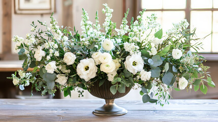 beautiful arrangement of white flowers and greenery in decorative vase, creating serene and elegant atmosphere. Perfect for home decor or events