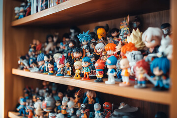 Collection of vibrant anime figures displayed on wooden shelves