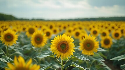 Fototapeta premium Expansive Sunflower Field in Serene Countryside Landscape
