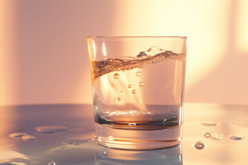 Glass of water with sunlight reflections and floating bubbles