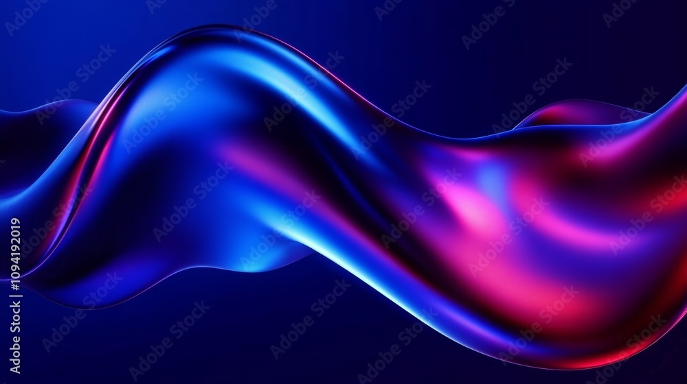 Poster abstract neon fluid curves in motion with iridescent metallic hues and dark gradient background