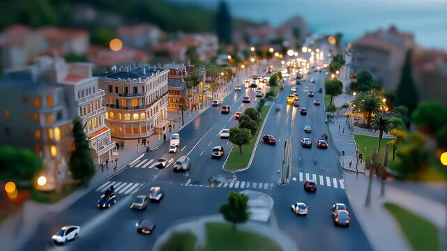 Elevated view of bustling urban intersection with miniature effect. Car headlights create flowing light trails along tree-lined avenue. Historic buildings blend with modern structures. 
