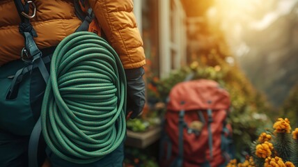 Rope coiled on backpack in an outdoor setting