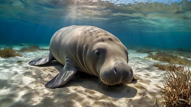  A Dugong (Dugong dugon), also known as a sea cow, peacefully resting on the sandy seabed ai