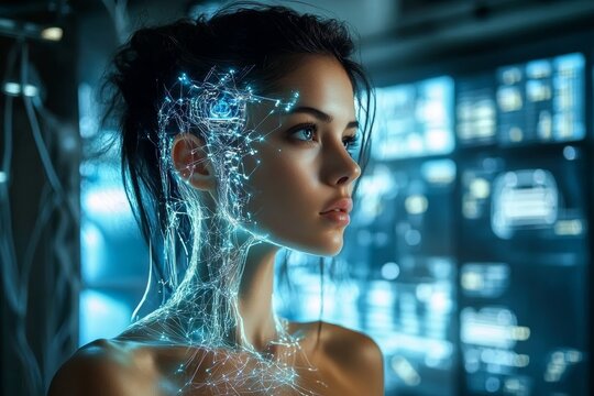 AI Infection and Transformation of Woman in Futuristic Laboratory with Cybernetic Aesthetic - Powered by Adobe