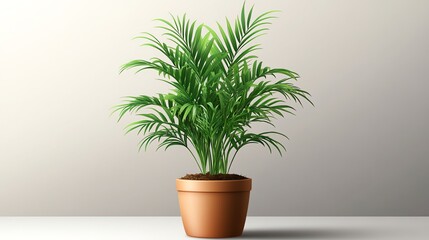 Obraz premium A potted palm tree with lush green leaves in a terracotta pot against a white wall.