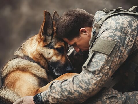 A PTSD service dog comforting a veteran during a panic attack, staying close and providing a calming presence.