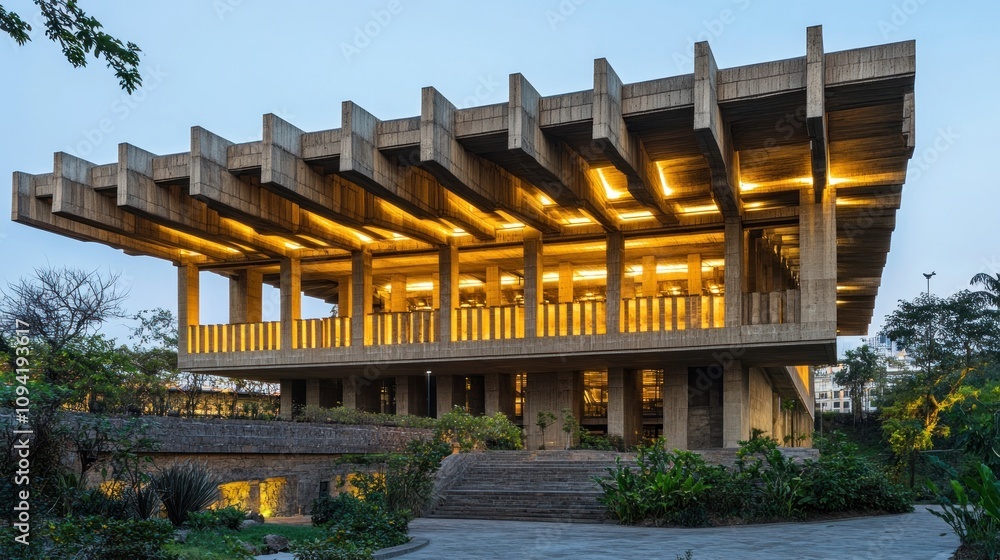 Poster modern architectural structure with unique design and illuminated features amidst greenery.